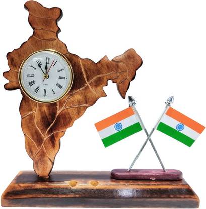ViaZAID Table stand with INDIAN MAP mounted CLOCK and 2 INDIAN National Flag for Office Square Table Miniature Flag