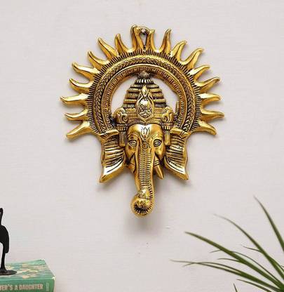 Utkrisht Arts Metal Kiran Ganesh Wall Hanging for Home Decor Showpiece / Ganesha Idol with Surya Chakra / Suraj Ganesha murti / Brass finish Ganesh Statue / Ganesha Face (Gold, 21x3x24 cm) Decorative Showpiece  -  24 cm