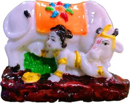 Dev Samagri Decorative Cow with Milking Lord Krishna Decorative Showpiece  -  16 cm