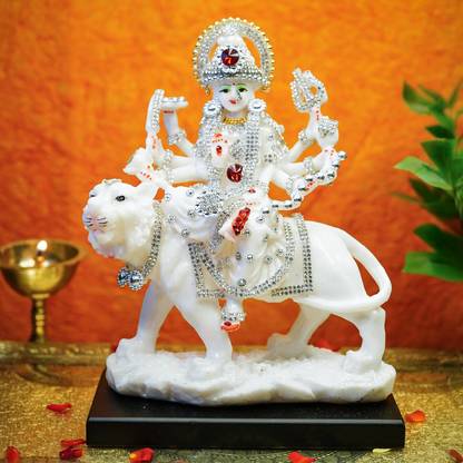 Ekhasa Aura Series Marble Dust Durga Maa Idol (Medium Size) with Zircon | Decorative Showpiece  -  21.5 cm