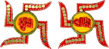 ADORN WORLD Wooden & Paper Shubh Labh Door Hanging | Swastik Wall Hanging & Symbol for Home Decorative Showpiece  -  13.97 cm
