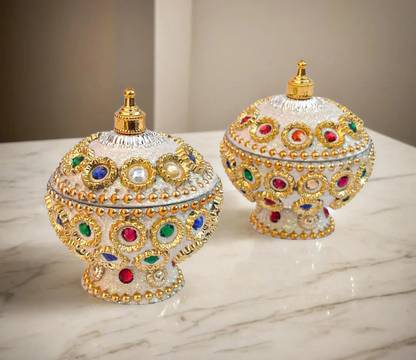 Koil (Pack of 2) White Dome Shape Sindoor Dani Box dani stick dibbi dibiya kumkum Decorative Showpiece  -  6 cm