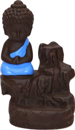 BECKON VENTURE Handicrafted Useful Meditating Monk Buddha Smoke Backflow incense burner with 10 Smoke Backflow Incense Cone in Incense Sticks |Lord Buddha Idols for Home Decor |Buddha Statue for Car Dashboard, Gifts And Home & Showpieces & Figurines|Smoke waterfall fountain (Blue) Decorative Showpiece  -  11 cm