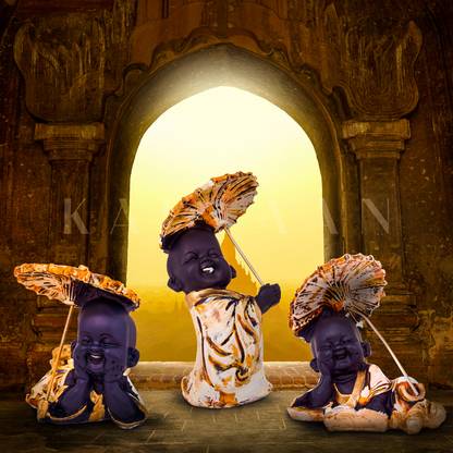karvaan Laughing Buddha Monk Idol Statue With Umbrella ( Set of 3 ) for Home ,Table Decorative Showpiece  -  21 cm