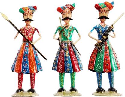 Rajasthani Warriors Figurines, Metal-Toned Warriors with Golden Floral Base 30 cm Couple & Human Figurine
