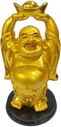 The Cube Mart Resin Golden Joyful Happy Man Lifting Gold Ingot for Health, Wealth & Prosperity Decorative Showpiece  -  12 cm
