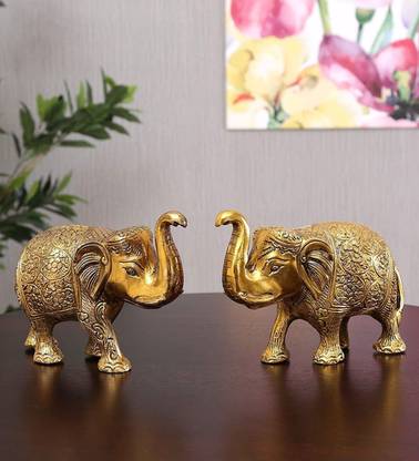 BattlePoint Elephant Set Metal Statue Gold Polish (Pack of 2 pcs) for Home,Office,Gift idol Decorative Showpiece  -  8.5 cm