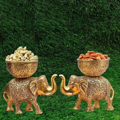 NOKTUS Home and Office Table, Desktop, Dining Table Decor Elephant with Bowl (Set of 2) Decorative Showpiece  -  12 cm