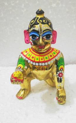 Idolsplace Astadhatu Brass Laddu Gopal Murti Designing Good Painting Laddu Gopal (1300gm) Decorative Showpiece  -  4.9 cm