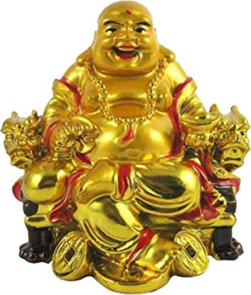 Saubhagya Global On Chair With Ingot And Money Coin Laughing Buddha For Health, Wealth & Prosperity Decorative Showpiece  -  8 cm