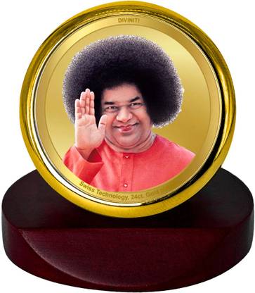 DIVINITI 24K Gold Plated Satya Sai Baba Photo Frame For Car Dashboard, Home Decor, Puja Decorative Showpiece  -  7 cm