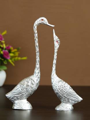 eCraftIndia Silver Handcrafted Kissing Swan Couple Statues Love Birds Showpieces Decorative Showpiece  -  27 cm