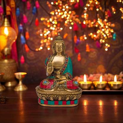 BrassAura Brass Buddha Vitarka Statue Multicolor Sculpture Idol for Home Decor Vastu Feng Decorative Showpiece  -  17 cm