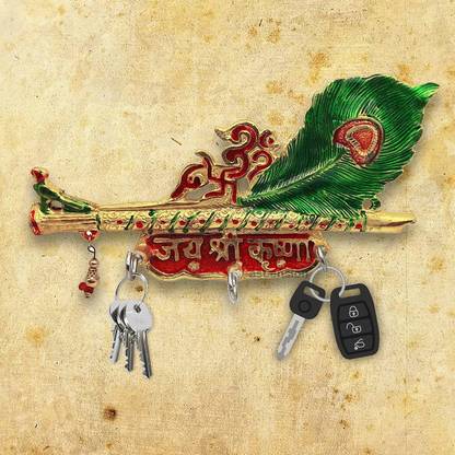 Ascension Krishna basuri Mor Pankhi Peacock Painting Key Hanger Holder Stand Wall Hanging for Home Decor Keychain Holder,Temple,Event Decoration (Multicolour) Decorative Showpiece  -  12.5 cm