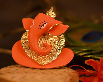 Collectible India 24 K Gold Plated Red Terracotta Ganesha Statue for Car Dashboard God Ganesh Murti Ganpati Idol Figurine with Gift Box Decorative Showpiece  -  6 cm