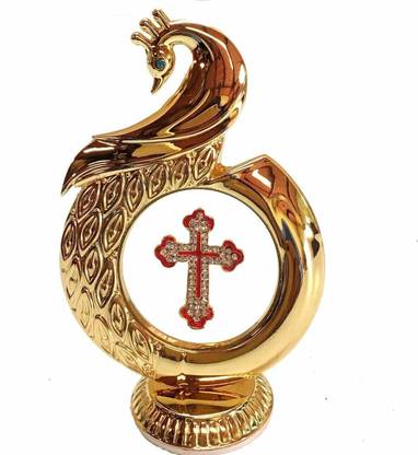 SMILES GIFT Gold Plated Jesus Corss Symbol In Peacock Design | For Table, Car Dashboard Decorative Showpiece  -  10 cm