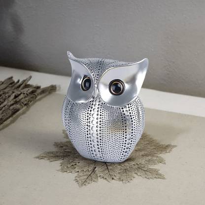 Royalbox Lucky Owl Resin Art Idol Figure Silver Owl Art Figure for Good Luck Statue Decorative Showpiece  -  14 cm