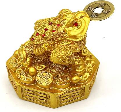 ActrovaX Golden Feng Shui Three Legged Toad in Stack of Treasure Decorative Showpiece  -  7.8 cm
