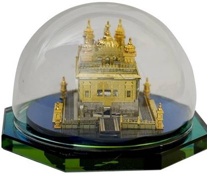 Bogenlite Golden Temple Covered by a Glass Dome for Decor 24K Gold Plated Idol of Temple Decorative Showpiece - 4 cm