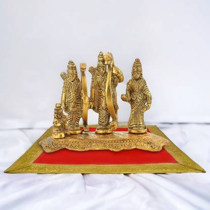 Bhavya Artifacts "RAM DARBAR (RAM, SITA, LAKSHMAN, HANUMAN JI) AT RED VELVET POOJA CHOWKI AASAN." Decorative Showpiece  -  13 cm