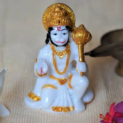 Chaque Decor Small Marble Dust Hanuman Ji Ki Murti in Blessing Posture with Gada Sitting Decorative Showpiece  -  7.6 cm