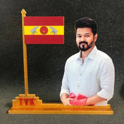 eshak TVK Table Top With Vijay Cutout Photo and Flag (Tamilaga Vettri Kazhagam) Decorative Showpiece  -  19 cm
