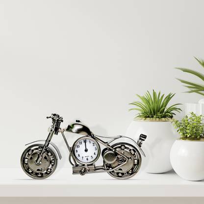Bavi Silver Color Metal Motorcycle Bike Table Clock, Unique Gift for Motor Lovers Decorative Showpiece  -  9 cm