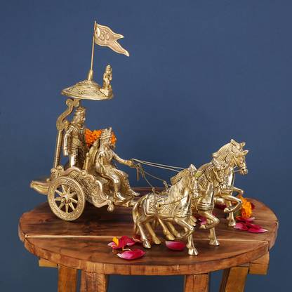 Tryfeet Chariot Arjun Mahabhart Rath with 4 Horses driven by lord krishna as Sarathi Decorative Showpiece  -  18 cm