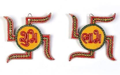 SAARTHI Handmade Wooden Auspicious Decorative Stone Kundan Studded Shubh Labh Door Hanging - Swastik Shaped Decorative Showpiece  -  3 cm