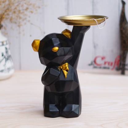 eCraftIndia Geometric Black Standing Teddy Bear Statue Holding Tray Showpiece Decorative Showpiece  -  22.5 cm