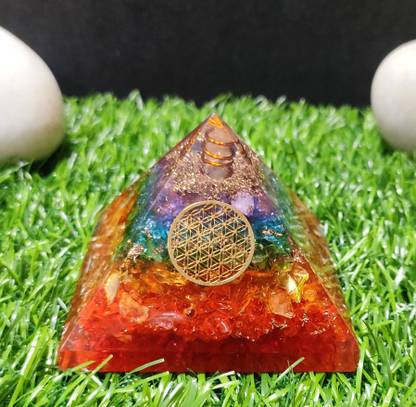 Sawcart Seven Chakra Onyx Orgone Crystal Pyramid with Flower of Life Symbol for Reiki Decorative Showpiece  -  5.5 cm