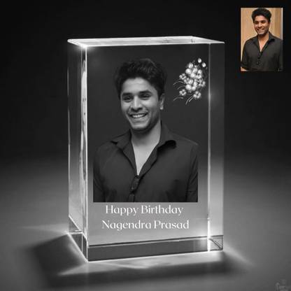Blue Crystal Personalised 3D Photo Laser Engraved Crystal Cube (100x70x30 mm) With Free Wooden Multi color Led Base Decorative Showpiece  -  10 cm