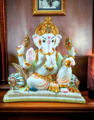 Shivart Ganesha Idol Statue Figurine Presents Dressed Ganesh Chowki (Marble Dust) Decorative Showpiece  -  30 cm