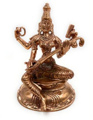 Bhunes Bronze Goddess Saraswati Ji Ki Murti, Panchaloha Vidya Devi Idol, Panchadhatu Decorative Showpiece - 9 cm