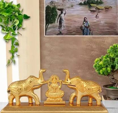 DARIDRA BHANJAN Metal Double Elephant With Lakshmi Kumkum Box for Pooja Decorative Showpiece  -  7 cm