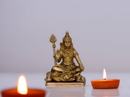 Purpledip Brass Statue Idol Of Lord Shiva Mahadev With Trishool: For Home Temple, Office Table Or Shop Puja Shelf Decorative Showpiece  -  11 cm