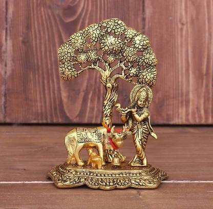 SBBCO Metal Krishna with Cow Standing Under Tree Plying Flute Decorative Showpiece  -  17 cm