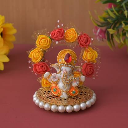 UniqueArt Ganesha Idol On Decorative Rose Flower Plate-for Home Decor Car Dashboard Decorative Showpiece  -  7 cm