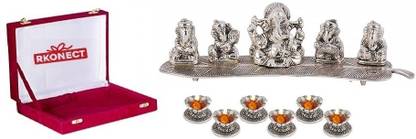 RKONECT Silver 5 Musician Ganesha Idols On Banana Leaf WIth 6 Piece Hand Diya Under Box Decorative Showpiece  -  27 cm