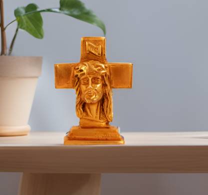 Purpledip Brass Statue Jesus Christ On Cross: Small Idol For Car Dashboard, Table, Shop Counter; Christian gifts Decorative Showpiece - 12 cm