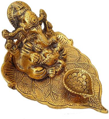 ALPHA Ganesh Idol on Leaf - Lord Ganesha with Diya - Metal Hand Craved Decorative Showpiece  -  10 cm