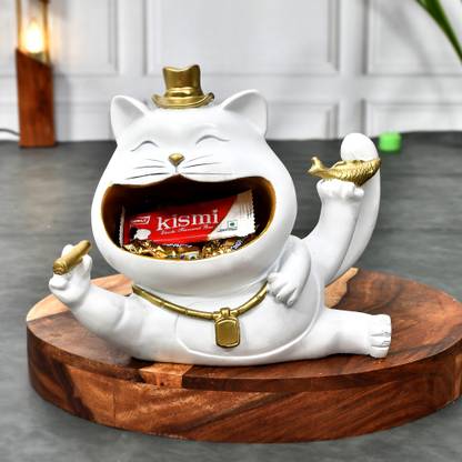 Craft Junction Cat With Hat Statue For Storage Purpose For Home Decor Decorative Showpiece  -  18 cm