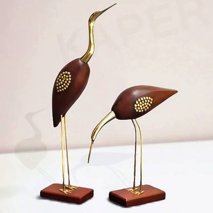 KAPER Brass and Wooden Swan Pair Statue for Home Decor and Table Decor Big Size Swan Decorative Showpiece  -  40 cm