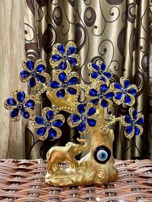 Lenity Blue Crystal Evil Eye Lucky Tree with Gold Elephant Turkish Table showpiece Decorative Showpiece  -  20 cm