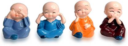SCO Baby Monk Buddha Set Of 4 Statues for Car Dashboard Home Office | Baby Buddha Decorative Showpiece  -  5 cm