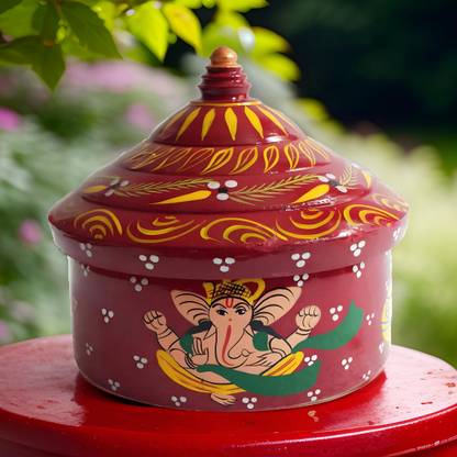 salvusappsolutions Women's wooden Big Round Ganesh Print Sindoor Box (Multicolour, 8x6 Inch, Large) Decorative Showpiece  -  20 cm