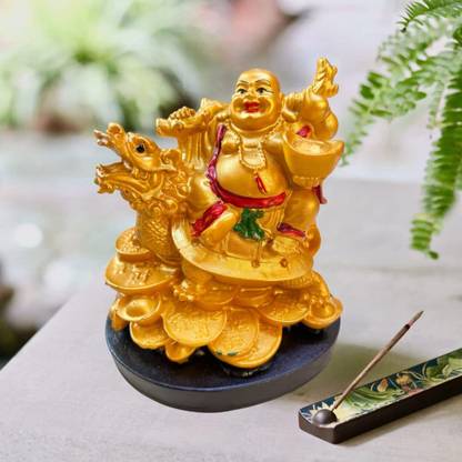 The Advitya Vastu/Feng Shui Laughing Buddha on Dragon for Good Luck Gift Home Décor Decorative Showpiece  -  13 cm