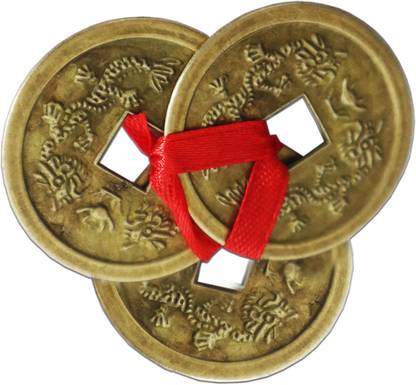 Shopperduniya Copper 3 Coins Lucky Fortune Wealth Charm Coins with Hole and Red Ribbon Knot Decorative Showpiece  -  0.1 cm