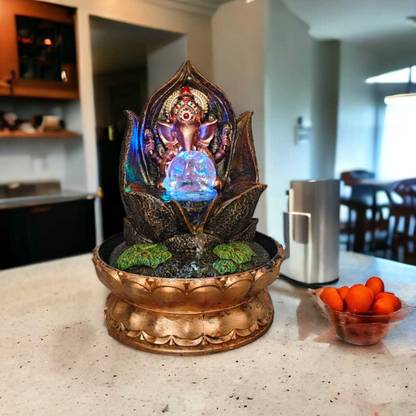 decrosh Ganesh Ji Tabletop Water Fountain with Crystal Ball Leaf For Living Room Decorative Showpiece  -  29 cm