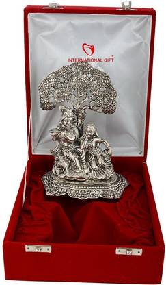 INTERNATIONAL GIF Silver Plated Radha Krishna Idol Classic With Box & Bag | For Mandir Decorative Showpiece  -  8 cm